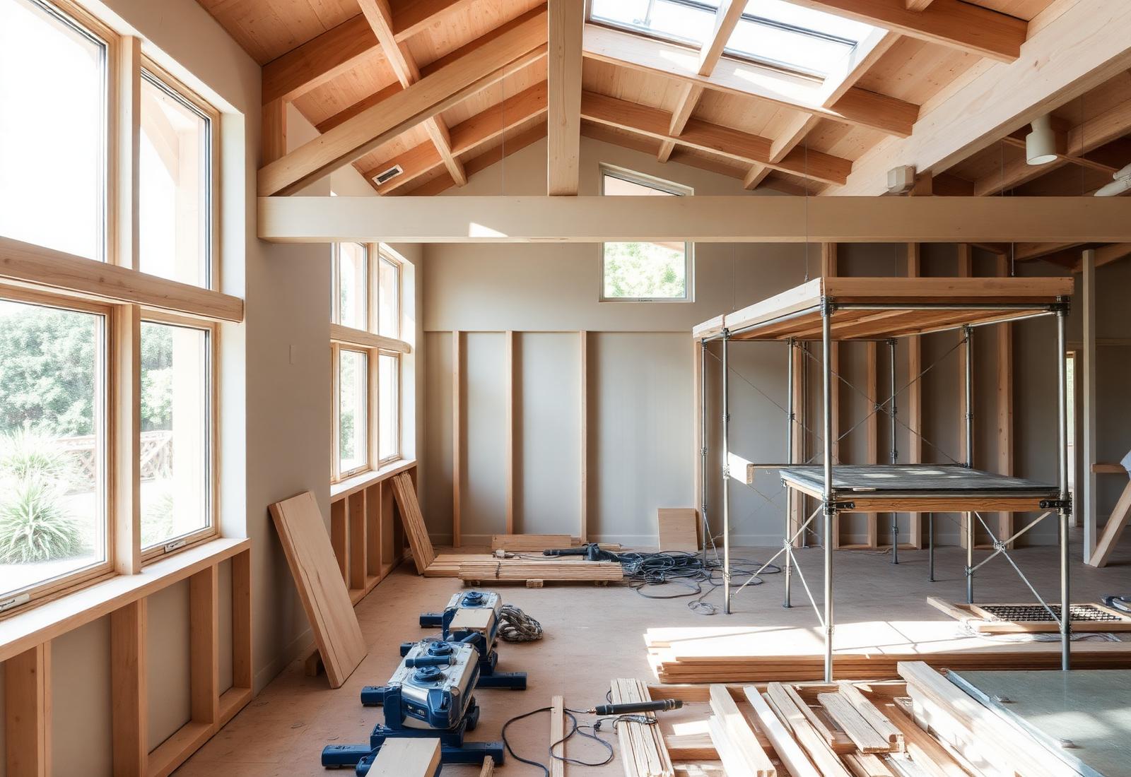 Interior renovation in progress with exposed timber framing